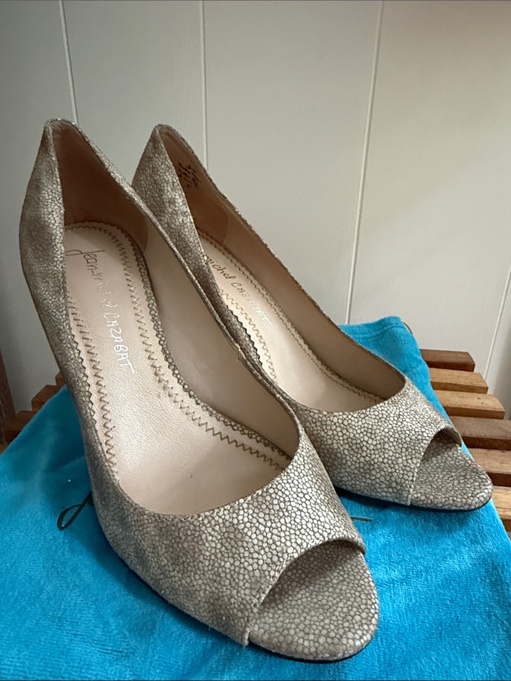 Peep-Toe Heels in Light Taupe Textured Finish